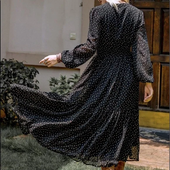 Boho Black Polka Dot Floral Embroidered Long Sleeve Maxi Dress - Picture 5 of 5